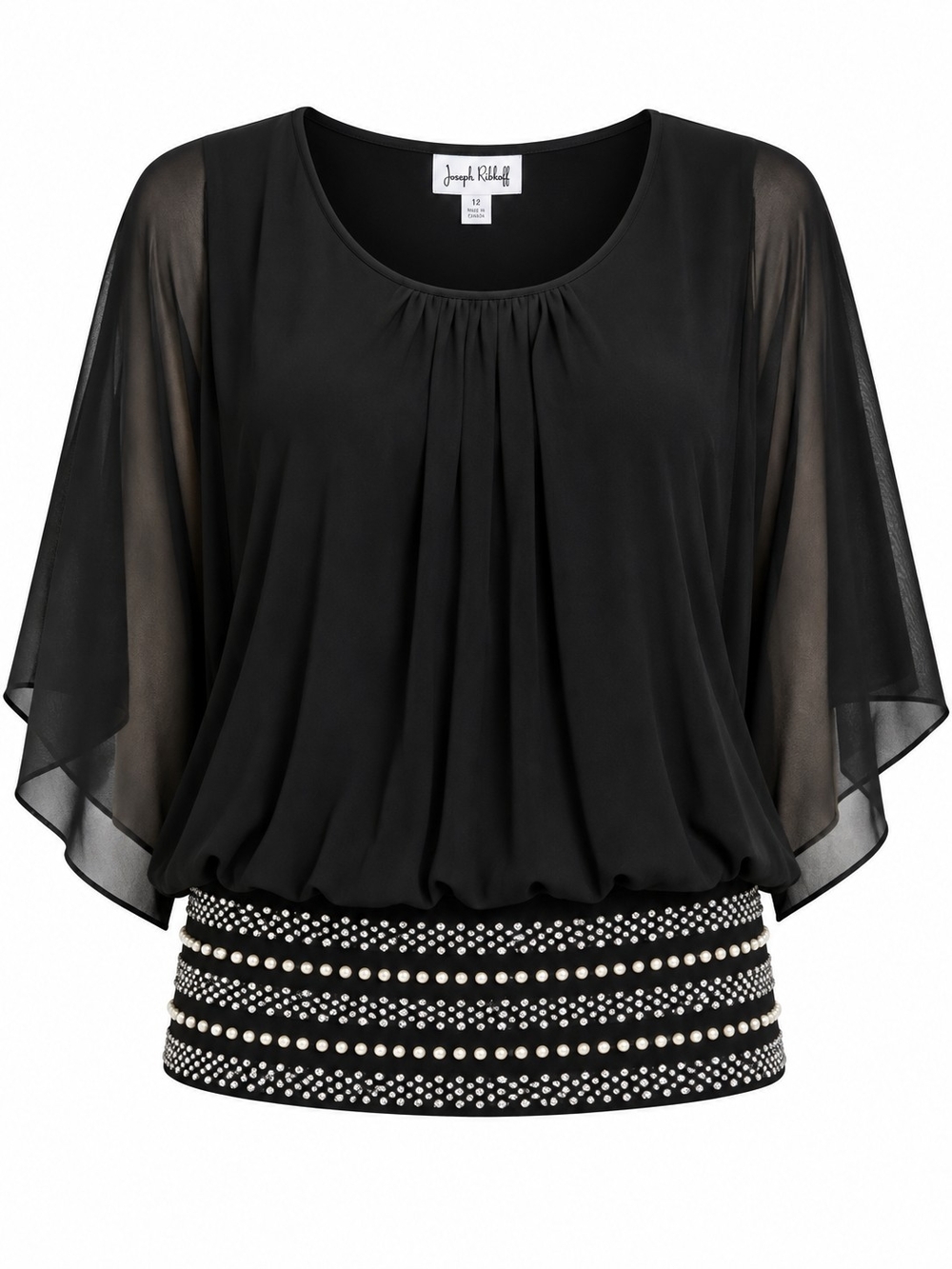JOSEPH RIBKOFF | Elegant Black Chiffon Rhinestone Pearl Batwing Blouse | 12